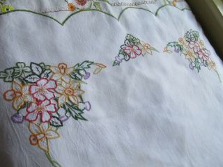 Vintage Hand Embroidered - Open Cut Work Irish Linen Tablecloth - BRITISH FLOWERS 2
