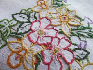 Vintage Hand Embroidered - Open Cut Work Irish Linen Tablecloth - BRITISH FLOWERS 5