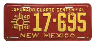 Mexico 1940 Coronado Cuarto Centennial License Plate,  Old West Antique