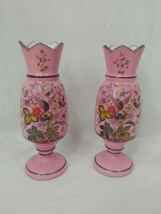 Victorian Pink Cased Bristol Glass Vases Floral Bird Heavily Enameled