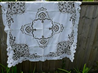 Vintage Madeira Tablecloth Cutwork Linen Hand Embroidery Floral 40x42 "