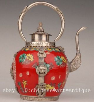 Ancient Tibet Silver Porcelain Teapot Kettle Sacred Dragon Phoenix Mascot C01