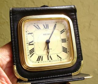 Vintage Seiko Quartz Traveling Alarm Clock In Black Leather Folding Case - Japan
