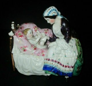 Antique Fairing Trinket Box Mother & Baby German Bisque Porcelain Meissen