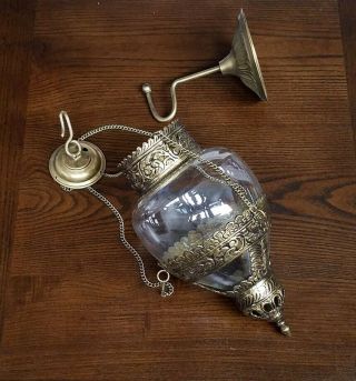 Vintage Brass Hanging Apothecary Show Globe Pharmacy Decanter Display Teardrop