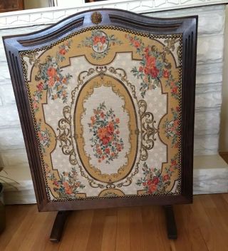 French Floral Tapestry Fireplace Screen Approx.  27 X 34 In. ,  Beech Wood Auth.  Tag
