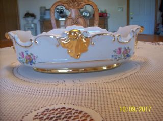 Porcelain Oblong Vtg.  Gold Accented & Spring Floral Scalloped Centerpiece Bowl