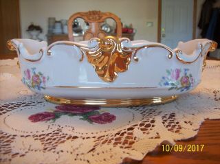 Porcelain Oblong Vtg.  Gold Accented & Spring Floral Scalloped Centerpiece Bowl 6