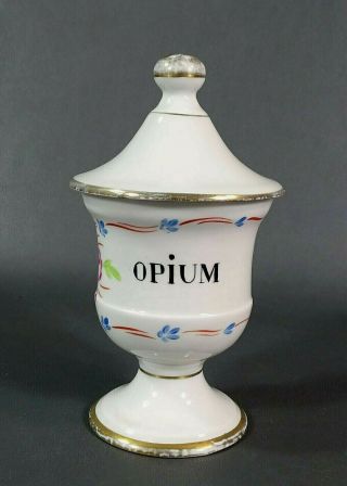 Antique French Apothecary Pharmacy Drugstore Opium Porcelain Jar Lid Gild Paint