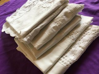 5 Antique White Cotton Pillowcases 4 With Lace All With Some Slight Damage