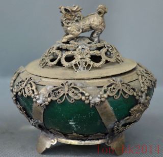 Collectable Royal Jade Armor Miao Silver Carve Lion Butterfly Old Incense Burner