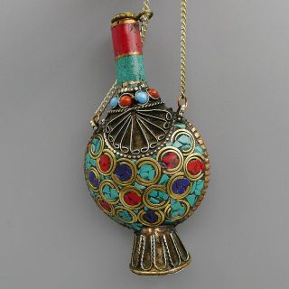 Snuff Bottle Pendants Decor Purple Red Turquoise Gemstone Ancient Natural Brass 3