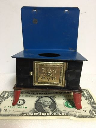 Vtg Antique Tin Metal Miniature Toy Stove Doll House Childs Red Black Blue