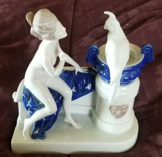 Antique Rosenthal Selb Bavaria Porcelain Art Deco Lady W/ Bird Figurine