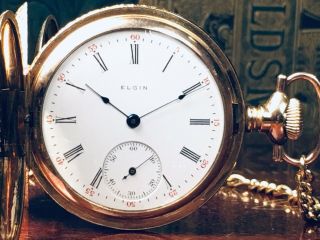 Antique 14k Gold Elgin Man’s Hunter Case Pocket Watch W/chain & Fob Keeps Time