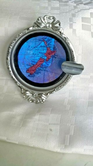Art Deco Blue Morpho Butterfly Wing Chrome Ash Tray.  Map Of Zealand.