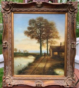 Antique Oil Painting & Hand Painted Frame “at Eventide”.  Signed