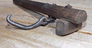 Rare 19th C.  Antique Hand Forged Iron Hook On Wooden Handle Farming Tool