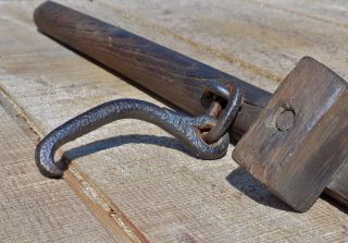 RARE 19th C.  ANTIQUE HAND FORGED IRON HOOK on WOODEN HANDLE FARMING TOOL 3