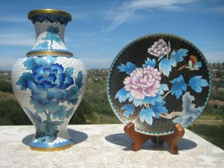 Vintage Chinese Brass Cloisonne Vase And Plate Bird Flowers Design