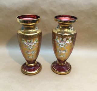 2 Antique Victorian Handmade Glass Vase Flowers Hand Painted Vase 10 1/2 " Tall