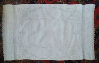 Antique European Fine White Linen Pillowcase Hand Monogram Cutwork Lace 37 " X21 "