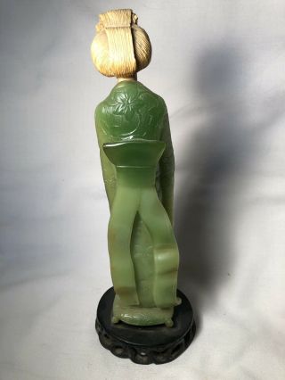 VINTAGE CHINESE WOMAN GREEN JADE LIKE CARVED STATUE HOLDING FLOWERS 3
