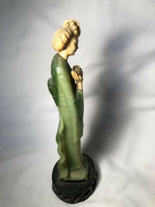 VINTAGE CHINESE WOMAN GREEN JADE LIKE CARVED STATUE HOLDING FLOWERS 4