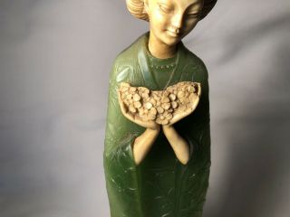 VINTAGE CHINESE WOMAN GREEN JADE LIKE CARVED STATUE HOLDING FLOWERS 5