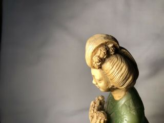 VINTAGE CHINESE WOMAN GREEN JADE LIKE CARVED STATUE HOLDING FLOWERS 7