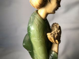 VINTAGE CHINESE WOMAN GREEN JADE LIKE CARVED STATUE HOLDING FLOWERS 8