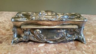 Large Antique Art Nouveau Silver Jewelry Box Rose Floral Glove Box Casket 6