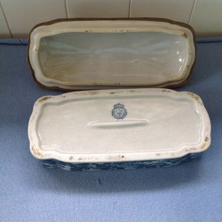 CHINESE STYLE BLUE &WHITE SOAP BOX/PEN TRAY & COVER WITH SPANIEL KNOP/METAL MNT 4