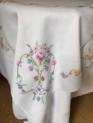 Vintage Linen Square Tablecloth - Large Hand Embroidered Natural Linen 42 " X 41 "