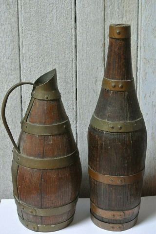 French Vintage Antique Oak Staved Copper Banded Cider Jug And Bottle