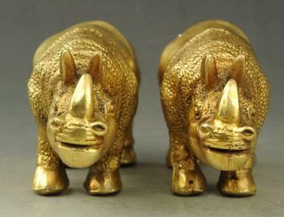 A Pair Chinese Old Fengshui Copper Hand - Carved Rhinoceros Rhino Statue F01
