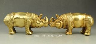 A pair Chinese old fengshui copper hand - carved rhinoceros Rhino statue f01 2