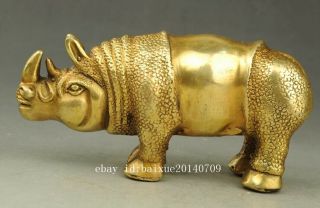 A pair Chinese old fengshui copper hand - carved rhinoceros Rhino statue f01 4