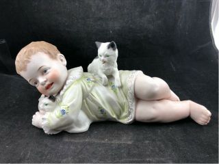 Large Antique 1900s German Bisque Piano Baby With Cats 13 " X 6 " Rare