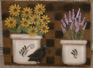 Primitive Hp Folk Art Crocks Of Sunflowers Lavender Crow Board