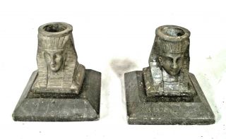 Pair Victorian Metal Sphinx Head Candle Holders On Black Marble Base