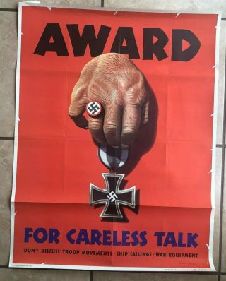 Vintage Wwii Poster Award For Careless Talk World War Ii Usa Propaganda