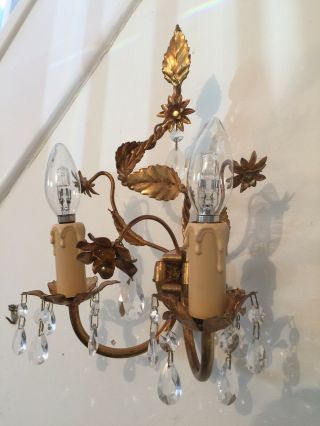 Pretty French Pair Wall Sconces Wall Lights Flowers Leaves Glass Drops Vintage