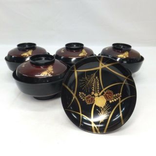 F376: Japanese Old Lacquer Ware 5 Covered Bowls With Makie Of Good Pattern
