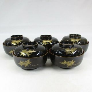 F300: Japanese Old Lacquer Ware 5 Covered Bowls With Leaf Makie