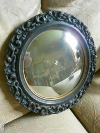 Vintage Shabby Chic Black & Gold Plaster Convex Mirror,  Shellcraft. 2