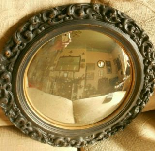 Vintage Shabby Chic Black & Gold Plaster Convex Mirror,  Shellcraft. 4