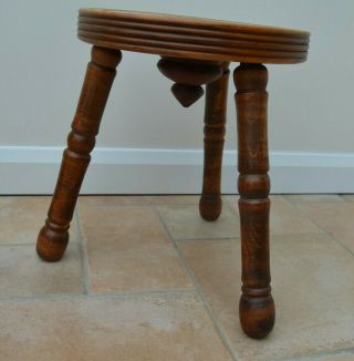 Vintage Small Wooden Turned Seat Milking Stool,  3 Turned Legs Light Oak 3