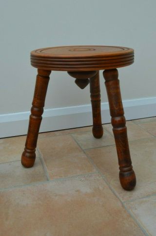 Vintage Small Wooden Turned Seat Milking Stool,  3 Turned Legs Light Oak 4