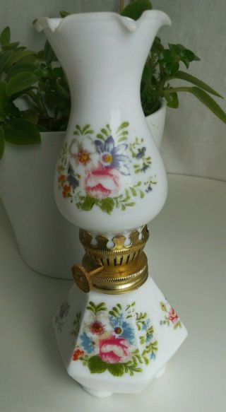 Vintage Roses Small Milk Glass Boudoir Nursery Oil Lamp Marked Foreign